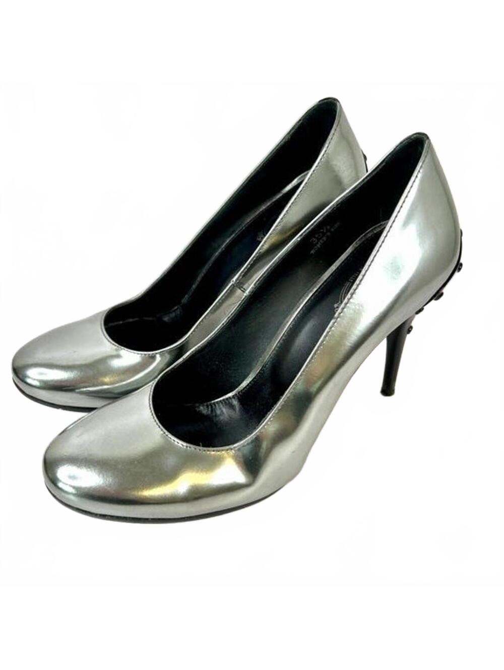 Tod's Silver Patent Leather 3-Inch Studded Heel Pumps Size 5 (EU 35.5) with Bag